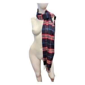 Cashmink Plaid Fringed Scarf Navy and Red